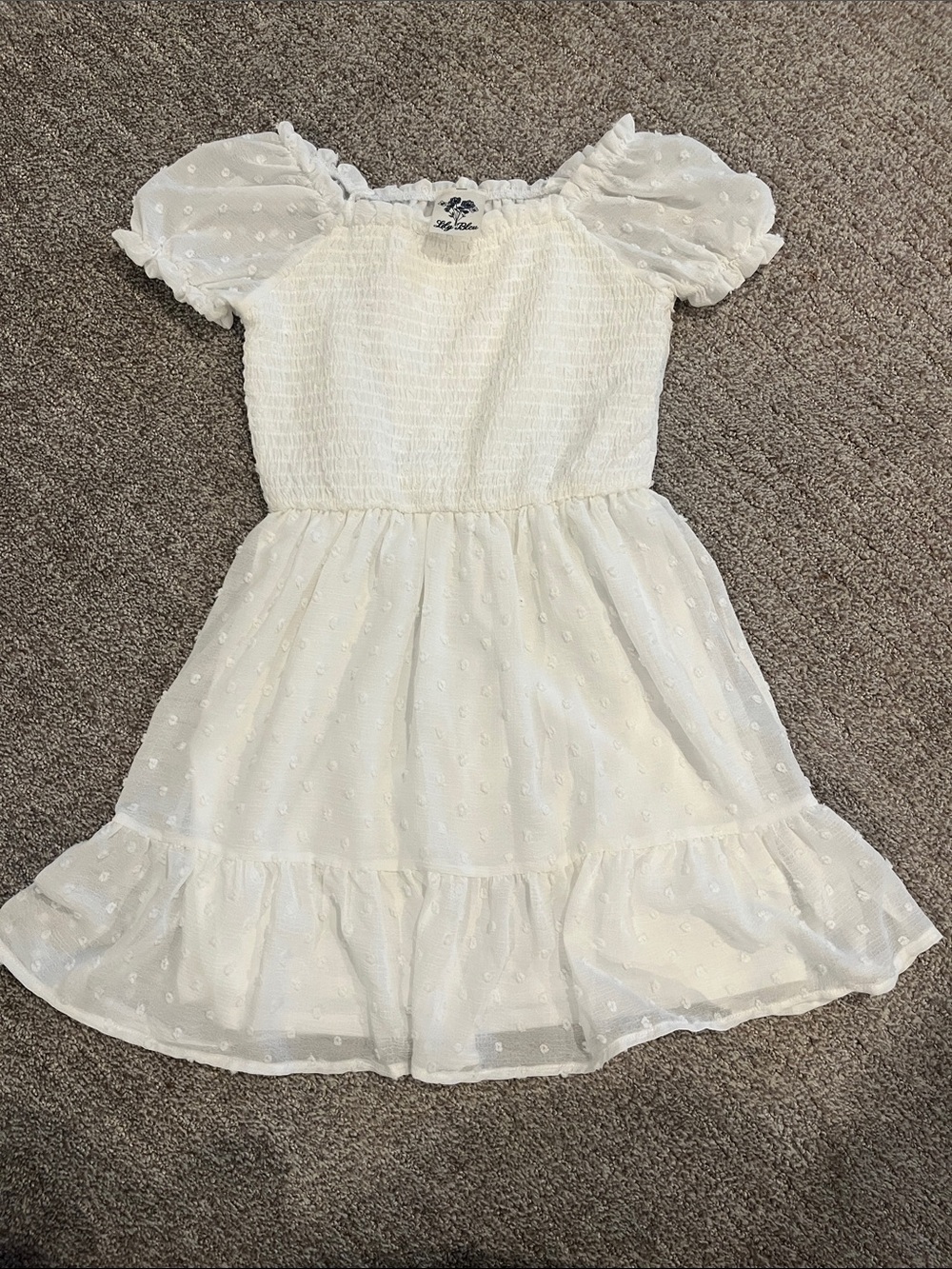 Girls' Ivory Swiss Dot Puff Sleeve Dress - Smocked Bodice